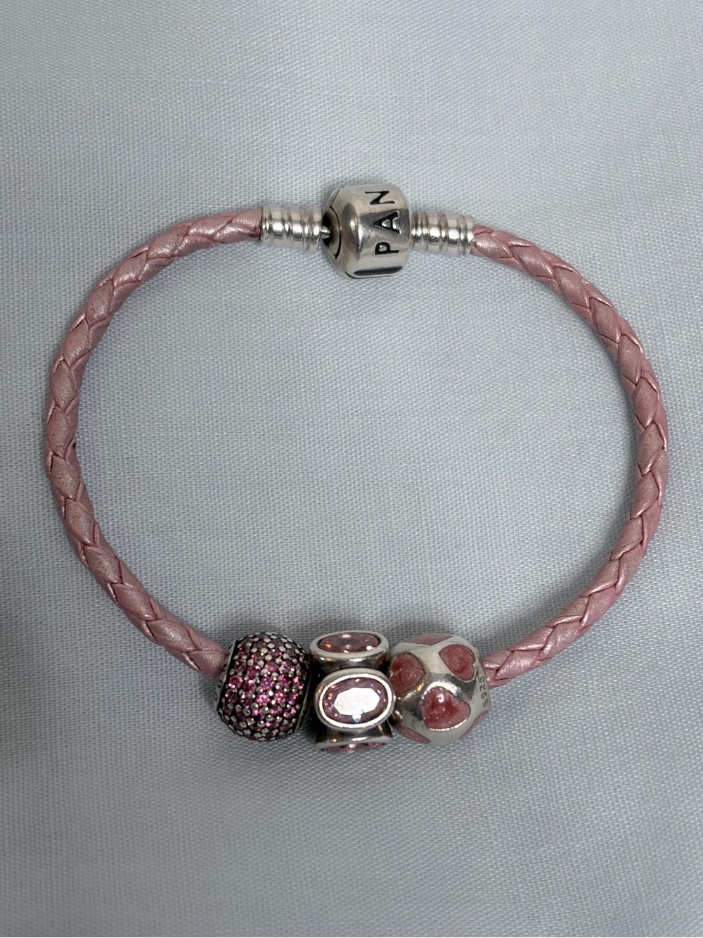 Pandora Pink Braided Leather Bracelet with Pink and Silver Charms